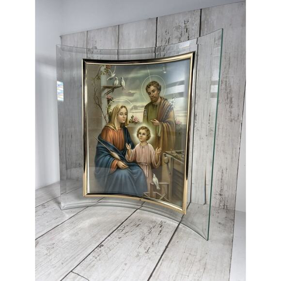 Sagrada Familia/ Holy Family Painting in Clear Glass Curved Frame - Picture 2 of 4